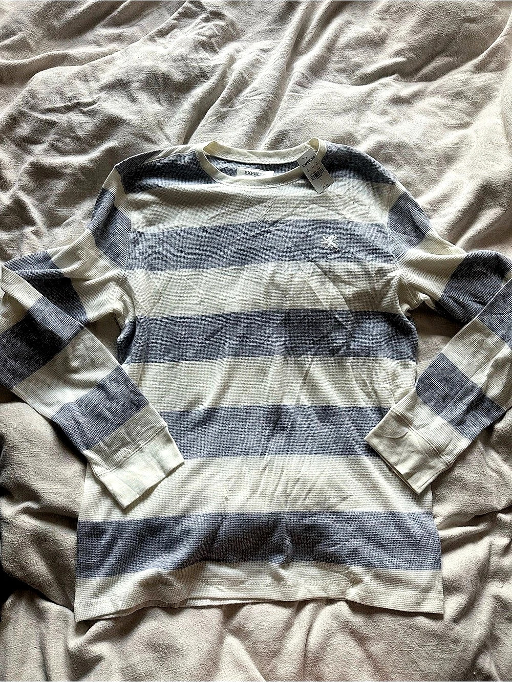 Express Waffle Knit Thermal Shirt Striped Sweater Blue & White Large